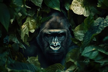 Silverback gorilla in lush rainforest