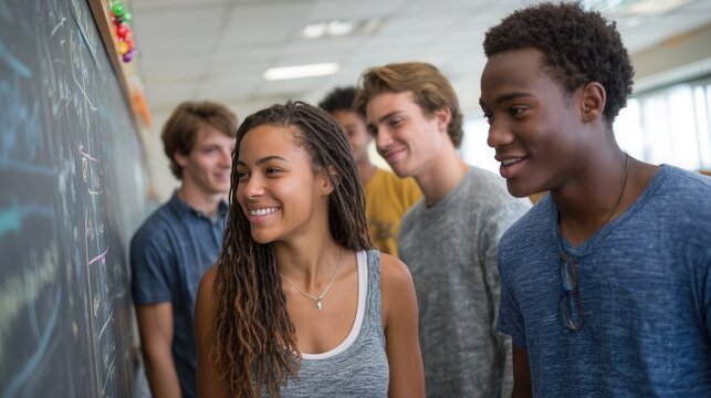 A diverse group of students smiling and interacting in a classroom setting, focused on a chalkboard, promoting teamwork and education.