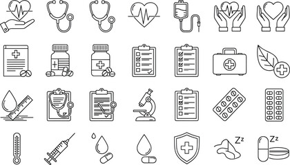 Fototapeta premium Medical and Healthcare Icons – Black and White Vector Set Featuring Diagnostics, Treatment, Pills, Heartbeat, Protection, Sleep, and Wellness Symbols