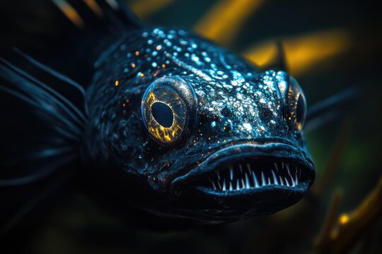 Black dragonfish close-up with bioluminescence