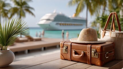 Vacation essentials on a tropical beach with a cruise ship in the background during daylight hours