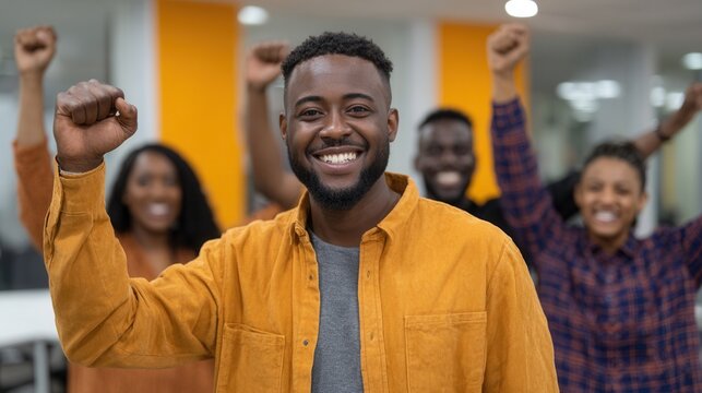 A diverse group of joyful individuals celebrating a success in a modern office setting, showcasing teamwork and positivity. - Powered by Adobe