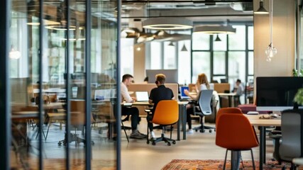 Modern open office space with people working, captured at eye-level. The video showcases a collaborative and dynamic work environment. - Powered by Adobe