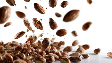 Obraz premium Almonds falling from the top on a white background