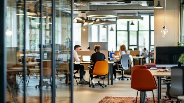 Modern open office space with people working, captured at eye-level. The video showcases a collaborative and dynamic work environment.