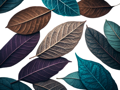 Autumn foliage muted brown deep purple teal isolated on a transparent background leaves