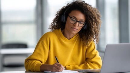 A young woman wearing headphones is focused on her studies while writing notes at a desk with a laptop in a modern office setting.