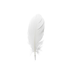 A single, pristine, perfectly formed white feather delicately resting on a transparent minimalist background with ample copy space, soft even lighting, concept of purity and serenity