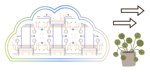 Fototapeta premium Cloud with circuit board pattern representing IoT links to potted plant via digital arrows. Ideal for sustainability, IoT, agriculture, data analysis, smart farming, cloud solutions, innovation