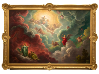 Celestial ascension with angelic figures amidst dramatic clouds isolated on a transparent background