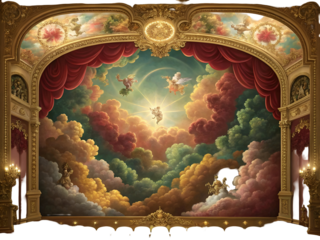 Celestial baroque mural with cherubs and opulent theatre isolated on a transparent background