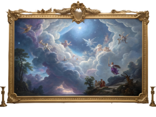 Celestial beings soaring through dramatic clouds under a starry sky isolated on a transparent background
