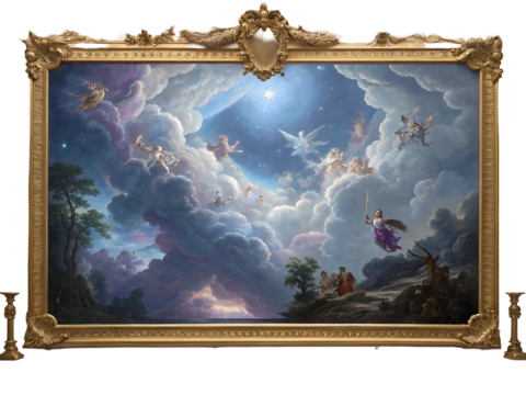 Celestial beings soaring through dramatic clouds under a starry sky isolated on a transparent background