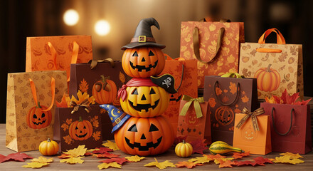 A charming Halloween scene featuring a stack of three festive jack-o'-lanterns, each with its own unique hat—a witch, a pirate, and a wizard