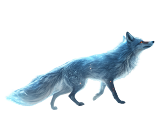 Ethereal blue fox with glowing stars isolated on a transparent background image