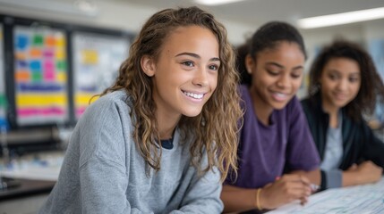 Three young students engaged in a collaborative learning environment, smiling and discussing their project work in a bright classroom.