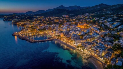 Fototapeta premium coastal town twilight aerial view