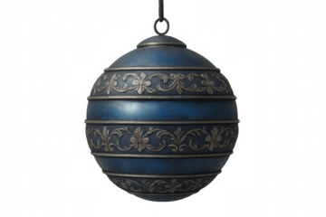 Blue christmas ball with silver decorations hanging, perfect for holiday projects, with transparent background