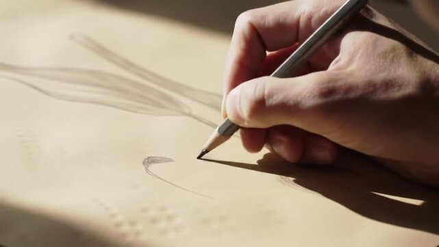Artists Hand Sketching a Detailed Design with a Graphite Pencil in Warm Sunlight.