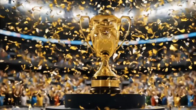 A magnificent gold trophy stands in the center of a stadium, surrounded by an ecstatic crowd and a shower of golden confetti, celebrating a victory - Powered by Adobe