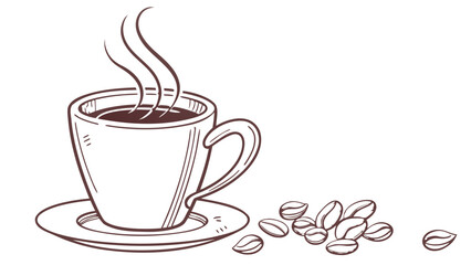 A steaming cup of coffee on a saucer with coffee beans scattered beside it in a simple line drawing