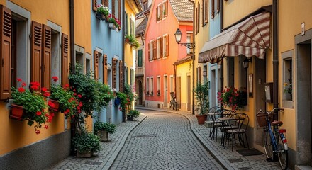 Charming European Cobblestone Street Lined with Colorful Buildings and Flower Boxes.