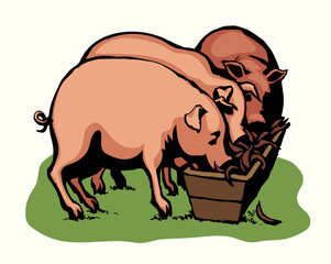 Vector drawing. Pigs eating rhe food