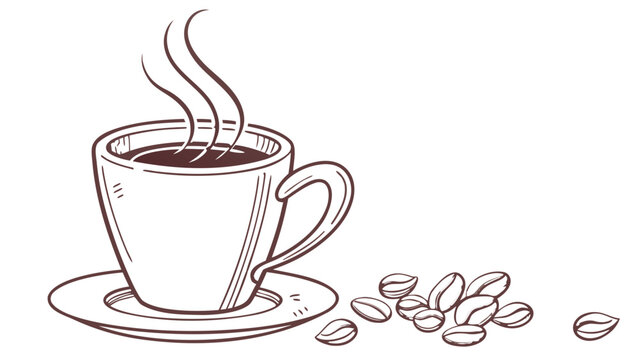 A steaming cup of coffee on a saucer with coffee beans scattered beside it in a simple line drawing