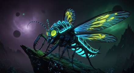 BioLuminescent Insect on Alien World, Dark Nebula Background