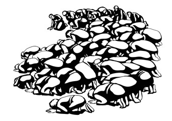 Vector drawing. People bowing befor king