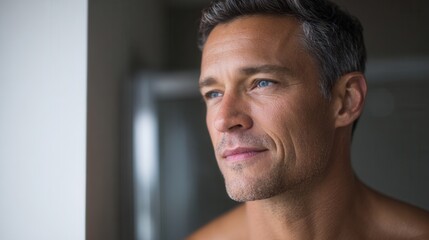 Obraz premium A contemplative man with short gray hair looks out of a window, reflecting on life. The setting is bright and serene, creating a calm atmosphere.