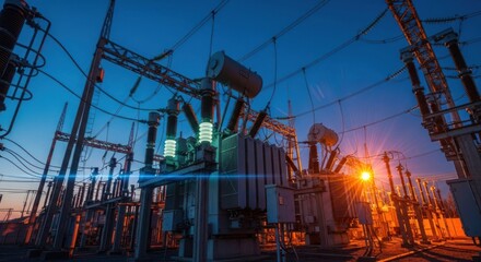 Electrical power station at dusk, with large transformers and glowing insulators