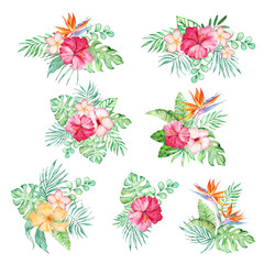 Bouquet of tropical flowers and leaves in watercolor style for summer designs