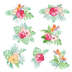 Gordijnen Tropische Bladeren Bouquet of tropical flowers and leaves in watercolor style for summer designs  © SvetaArt