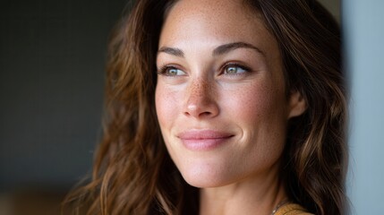 Obraz premium A close-up portrait of a smiling woman with long, wavy hair and freckles, gazing thoughtfully out a window, conveying a sense of calm and happiness.