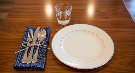 A simple yet elegant table setting on a polished wooden surface. The clean white plate with a subtle silver rim is paired with classic silverware wrapped in a deep blue patterned napkin