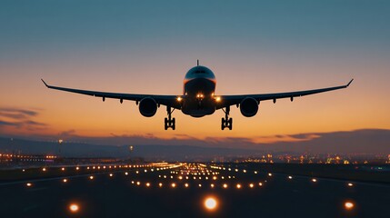 Commercial Passenger Airplane Landing at Sunset on Runway