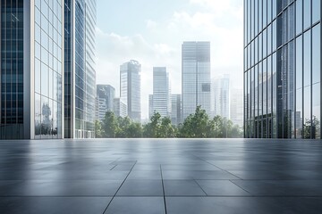 Fototapeta premium Modern cityscape with glass buildings reflecting sky and tiled floor under soft light