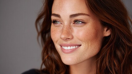 Naklejka premium A close-up portrait of a smiling woman with freckles and wavy brown hair. The image conveys warmth and confidence, suitable for beauty and lifestyle themes.