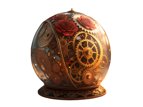Ornate glass sphere with red roses and intricate gears isolated on a transparent background