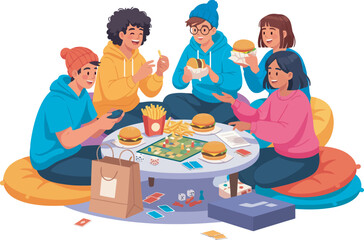 A diverse group of friends gathered around a table, enjoying burgers and games.