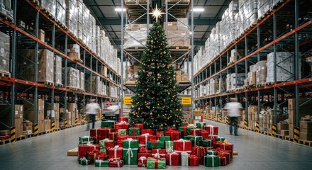 Festive Christmas tree with gifts stands in a bustling warehouse aisle