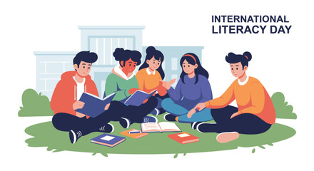 Diverse young students passionately engaged in collaborative reading and learning outdoors, symbolizing the global pursuit of education and the celebration of literacy