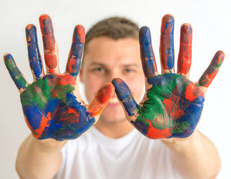 A young man displays his paint-covered hands, showcasing vibrant colors and creative expression.