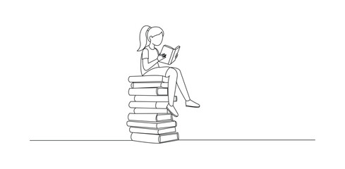 girl,reading,books, girl reading books illustration showing female character sitting on stack with open book representing education knowledge learning literature study library
