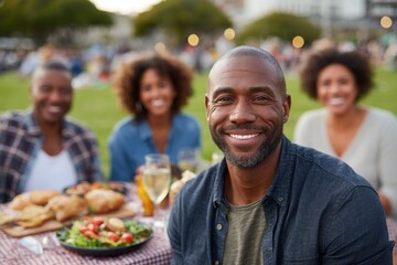 Fototapeta premium A joyful man sits at a picnic table with friends, surrounded by food and drinks, in a sunny outdoor setting, conveying happiness and togetherness.