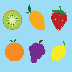 A vector illustration of fresh fruits including kiwi, mango, strawberry, orange, grapes, and lemon on a light blue background. Flat design, simple and colorful style