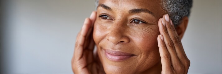 Obraz premium A close-up of a smiling woman gently touching her face, showcasing a calm and serene mood. Ideal for wellness and beauty themes.