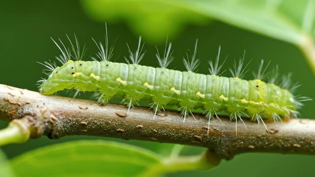 Detailed Macro View of a Vibrant Green Hairy Caterpillar Crawling Along a Tree Branch.
