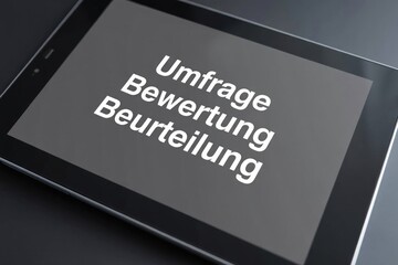 Tablet displaying german words umfrage bewertung beurteilung on a dark gray background